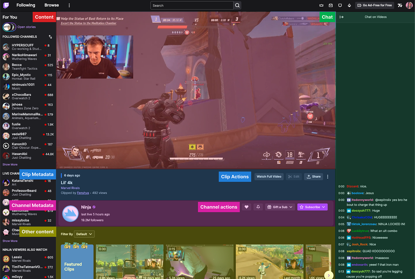 Annotated desktop clip page showing where Reactions fit alongside other clip actions