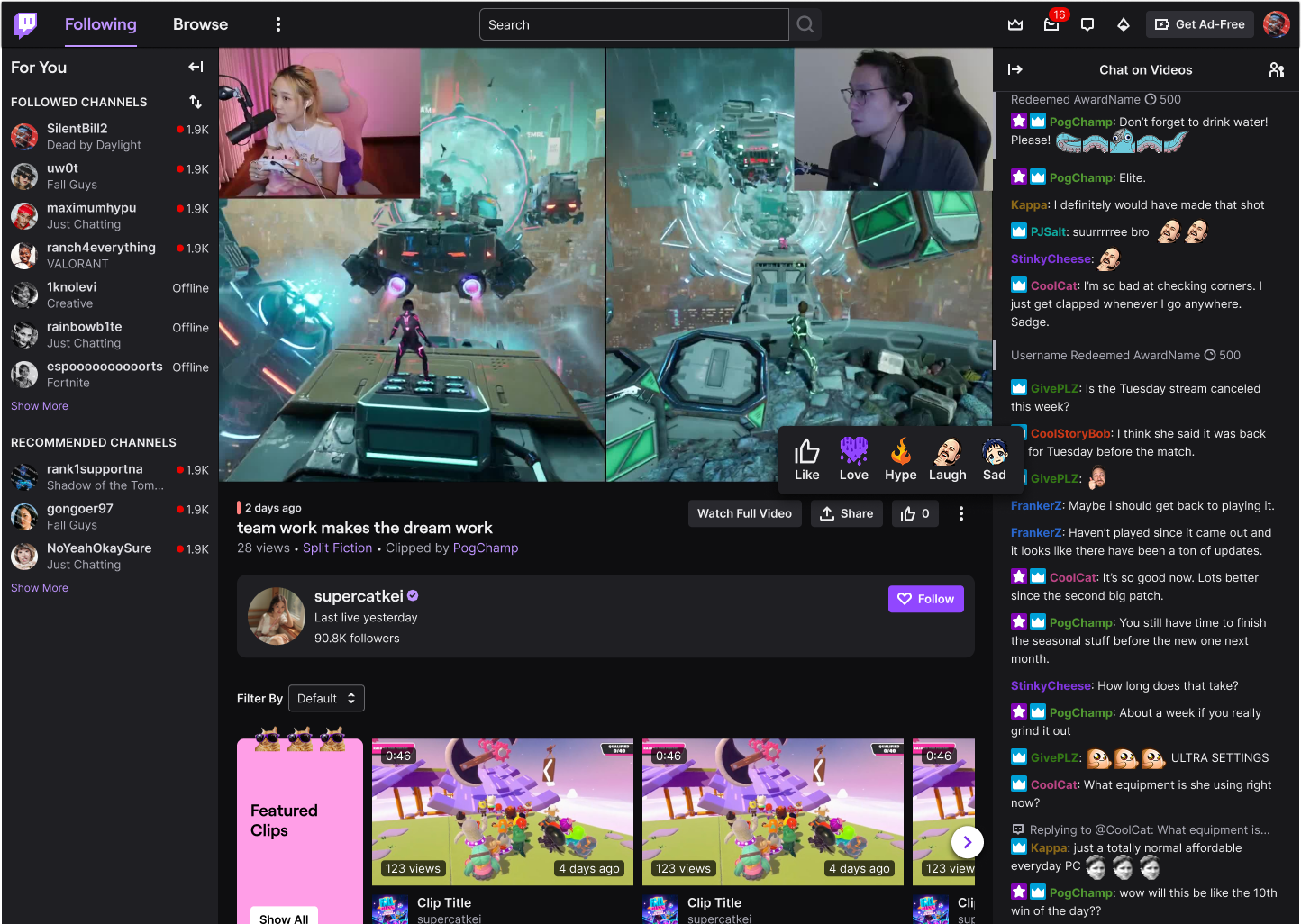 Desktop clip page with the reaction hover menu open