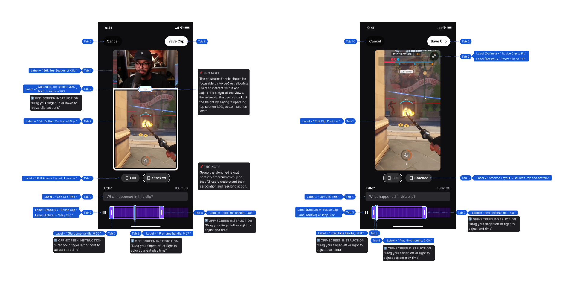 Accessibility annotations showing VoiceOver labels, tab order, and engineering notes for the clip editor