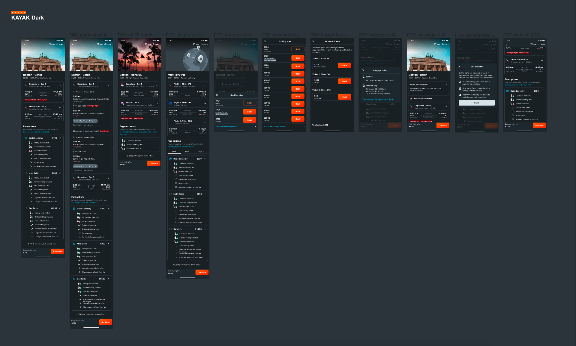 KAYAK dark mode flight detail page across many states