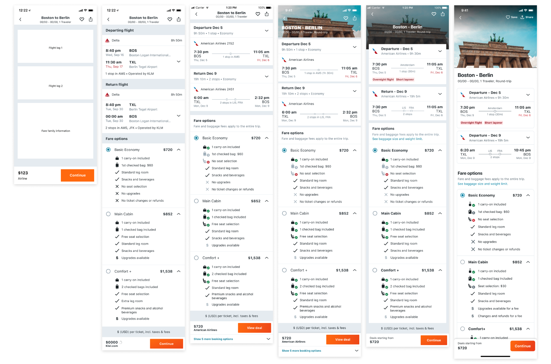 Six iterations of the flight detail page side by side